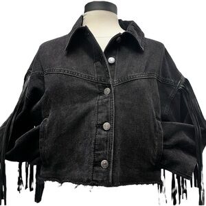 Forever 21 Fringe Black Denim Jacket Size Small Edgy‎ Rocker Grunge Chic Western